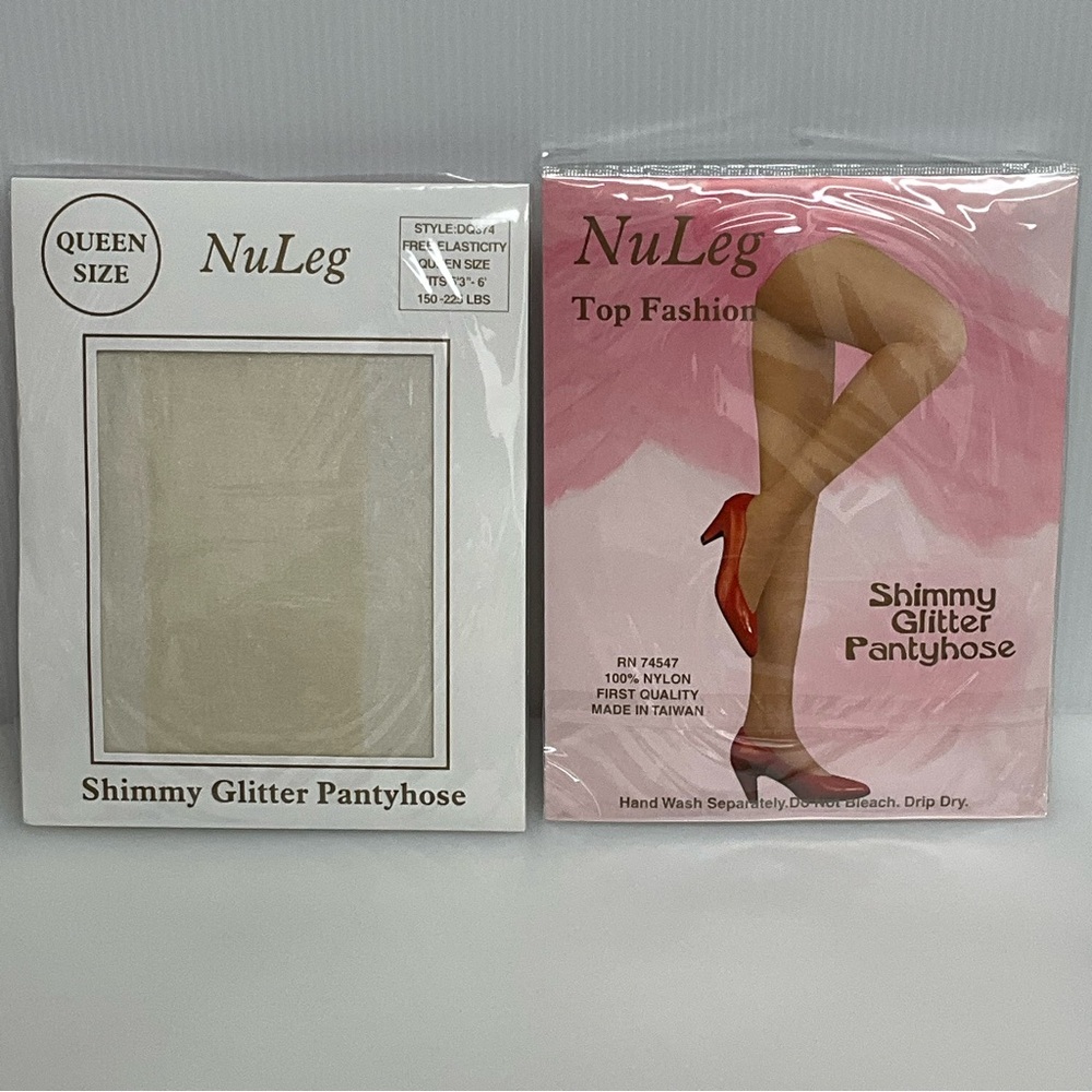 VINTAGE NuLeg sz Queen Panty Hose (2 pairs) Shimmy Glitter Nylon Lt Cream
